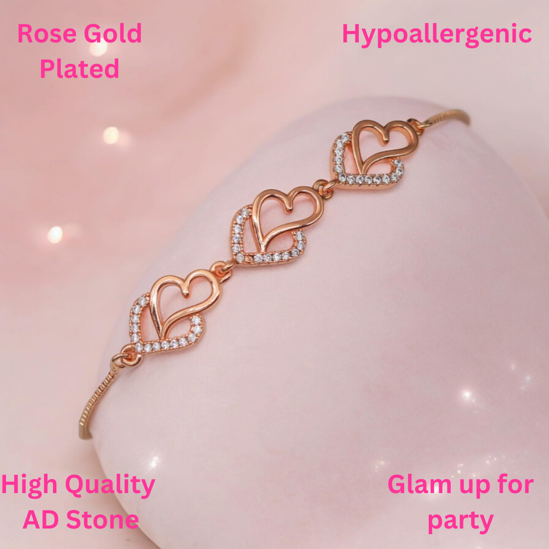 AD Studded Heart Shape Bracelet for Women, Stylish Rose Gold Plated Adjustable Bracelet, Valentine Gift for Girls