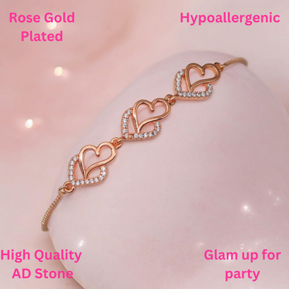 AD Studded Heart Shape Bracelet for Women, Stylish Rose Gold Plated Adjustable Bracelet, Valentine Gift for Girls