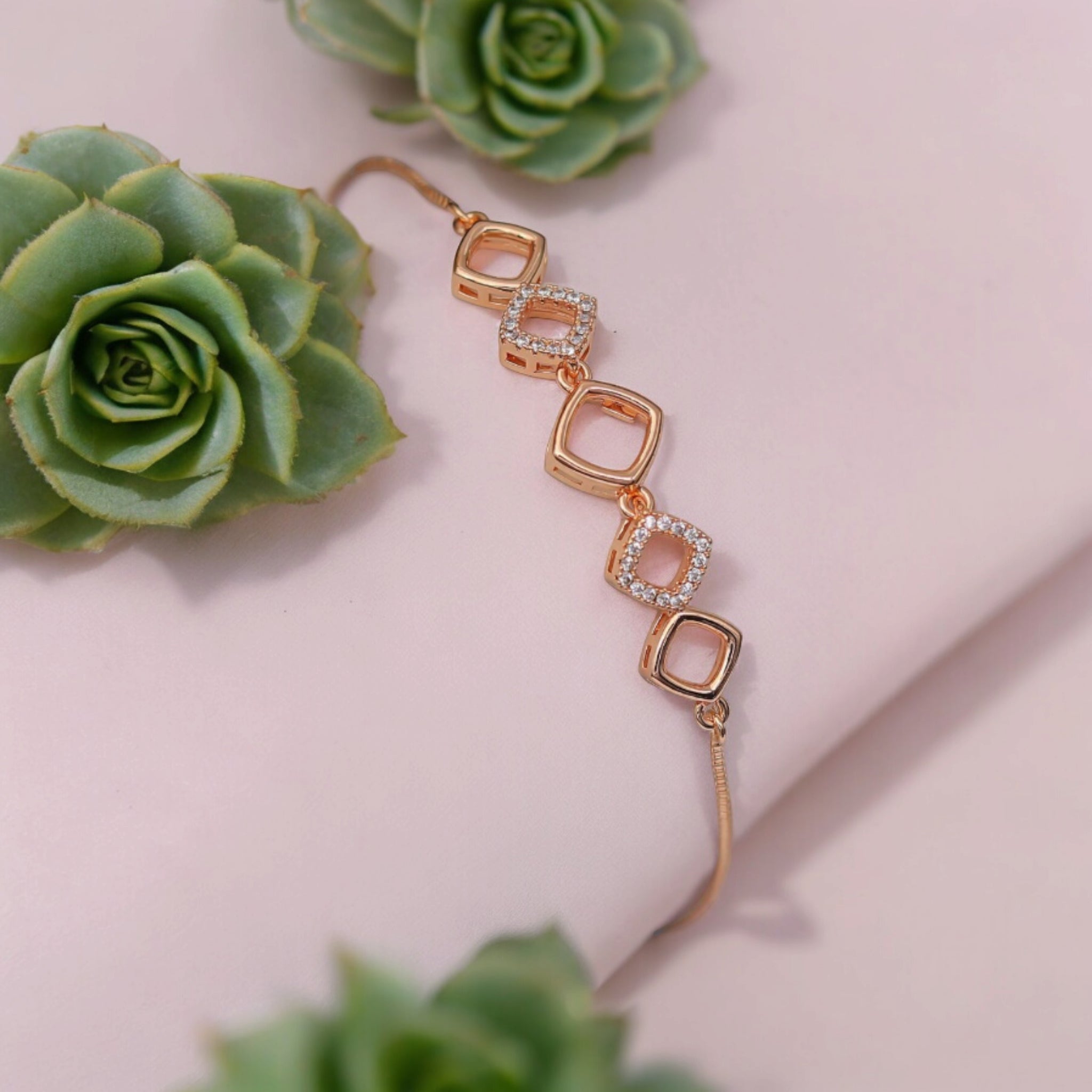 Rose Gold Plated American Diamond Adjustable Bracelet, Stylish Fashion Jewellery Gift for Girls & Women