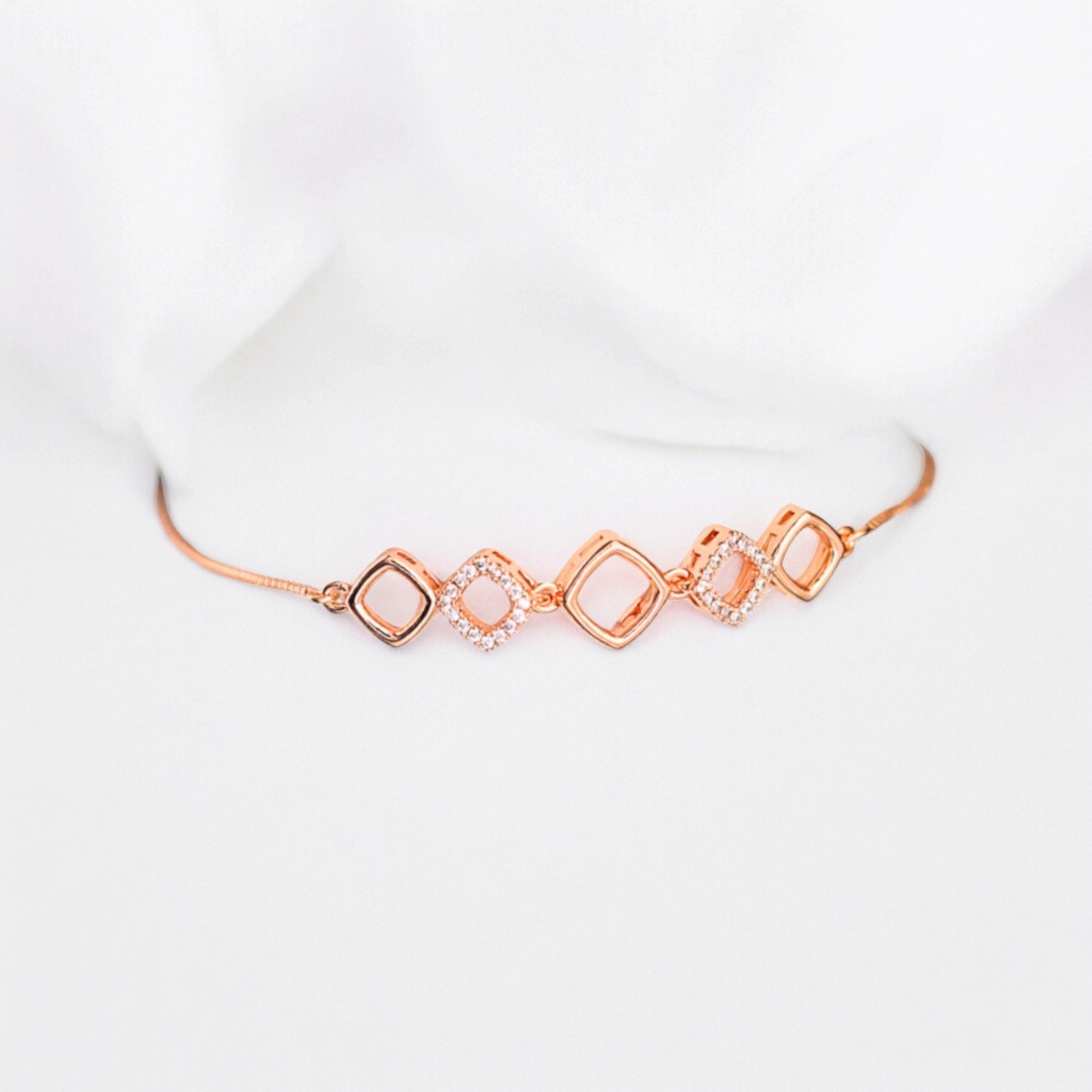 Rose Gold Plated American Diamond Adjustable Bracelet, Stylish Fashion Jewellery Gift for Girls & Women