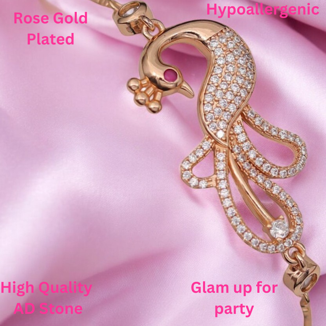 Rose Gold Plated American Diamond Adjustable Bracelet, Stylish Fashion Jewellery Gift for Girls & Women