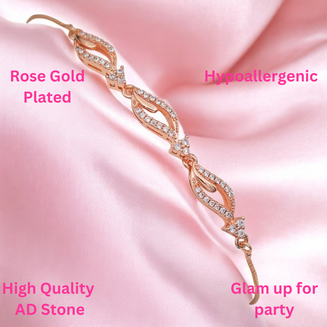 Rose Gold Plated American Diamond Adjustable Bracelet, Stylish Fashion Jewellery Gift for Girls & Women