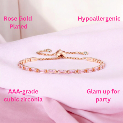 Rose Gold Plated Cubic Zirconia Adjustable Bracelet, Stylish Fashion Jewellery Gift for Girls & Women (Pink)