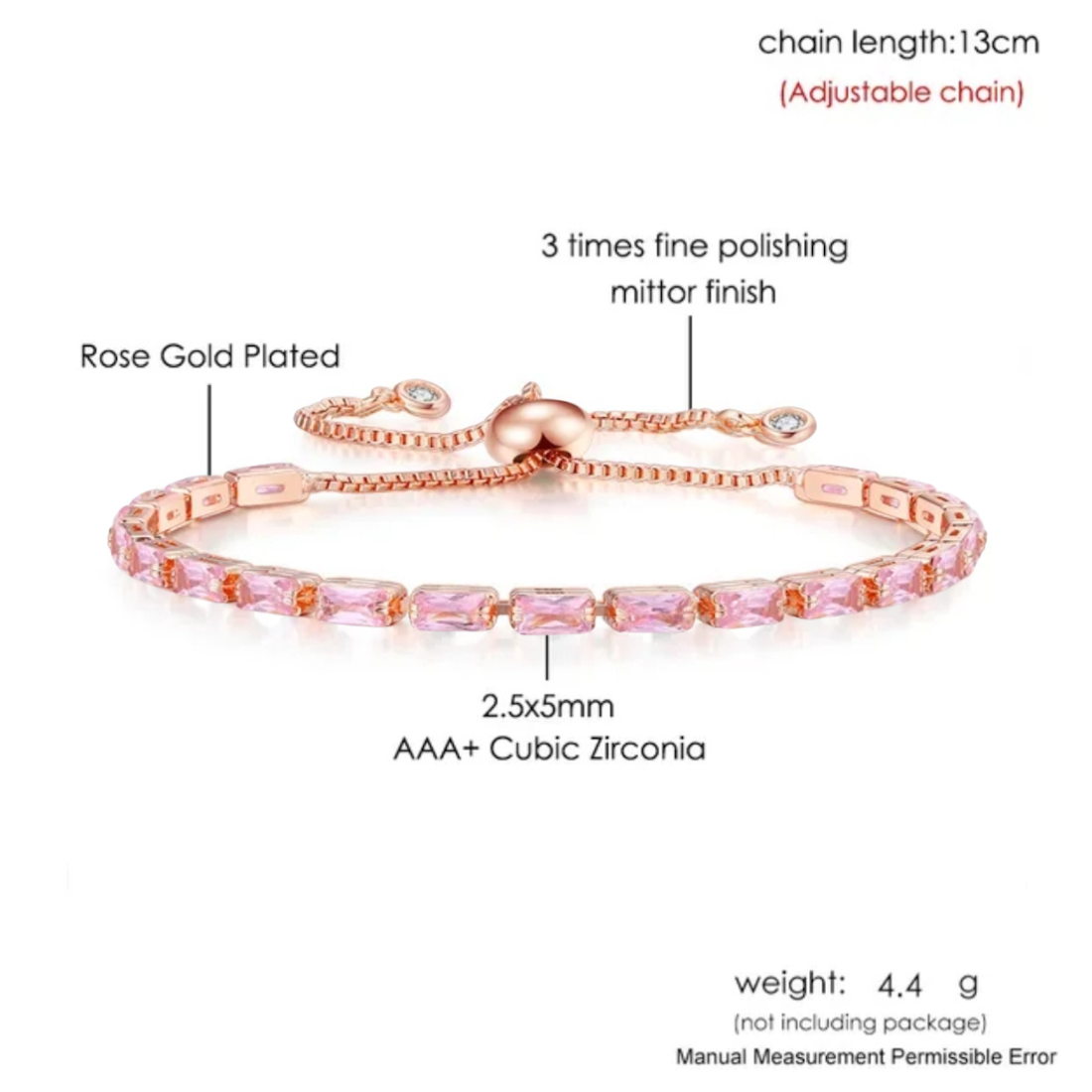 Rose Gold Plated Cubic Zirconia Adjustable Bracelet, Stylish Fashion Jewellery Gift for Girls & Women (Pink)