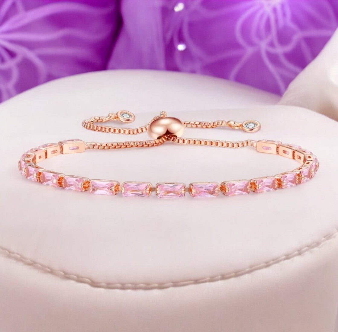 Rose Gold Plated Cubic Zirconia Adjustable Bracelet, Stylish Fashion Jewellery Gift for Girls & Women (Pink)