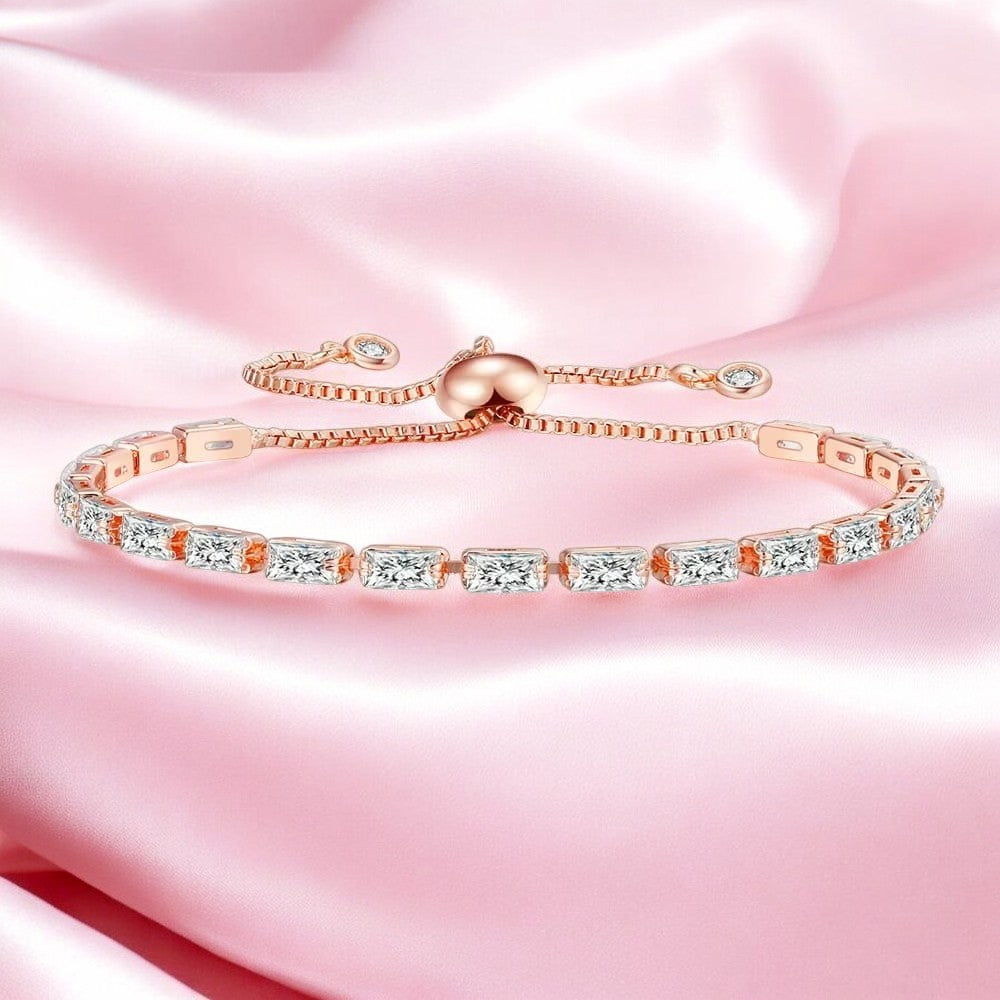 Rose Gold Plated Cubic Zirconia Adjustable Bracelet, Stylish Fashion Jewellery Gift for Girls & Women (White)