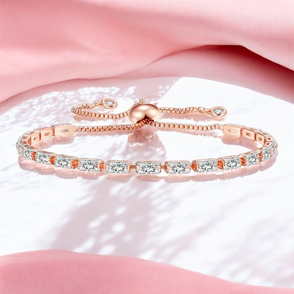 Rose Gold Plated Cubic Zirconia Adjustable Bracelet, Stylish Fashion Jewellery Gift for Girls & Women (White)