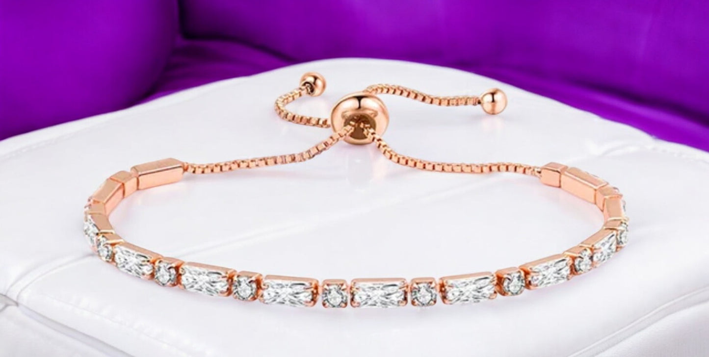 Rose Gold Plated Cubic Zirconia Adjustable Bracelet, Stylish Fashion Jewellery Gift for Girls & Women (White)