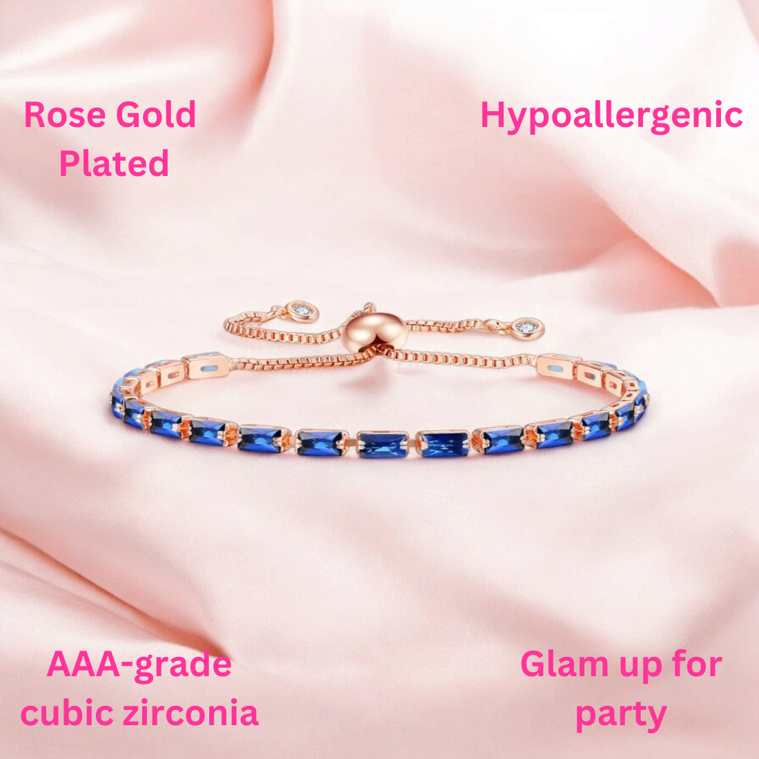 Rose Gold Plated Cubic Zirconia Adjustable Bracelet, Stylish Fashion Jewellery Gift for Girls & Women (Blue)