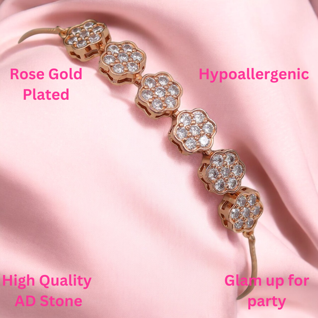 Rose Gold Plated American Diamond Adjustable Bracelet, Stylish Fashion Jewellery Gift for Girls & Women