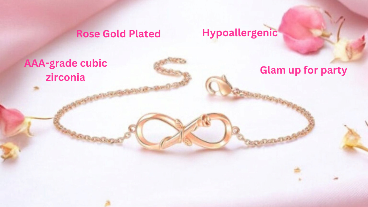 Rose Gold Plated Designer Infinity Shape Cubic Zirconia CZ Adjustable Chain Bracelet