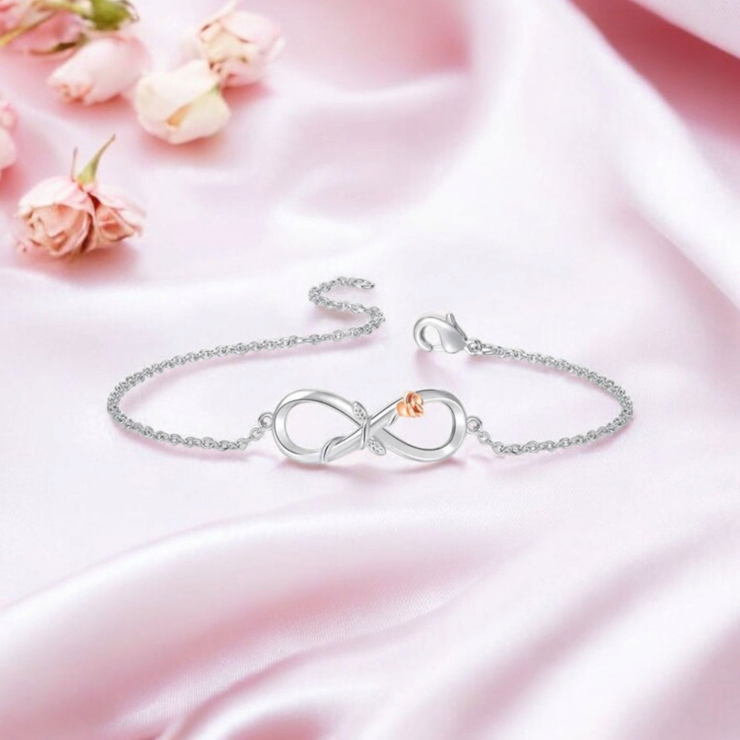 Silver Plated Designer Infinity Shape Cubic Zirconia CZ Adjustable Chain Bracelet