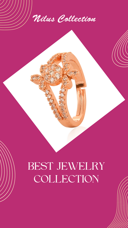 Rose Gold Plated | American Diamond Studded | Adjustable | Finger Ring for Women and Girls, Style 11