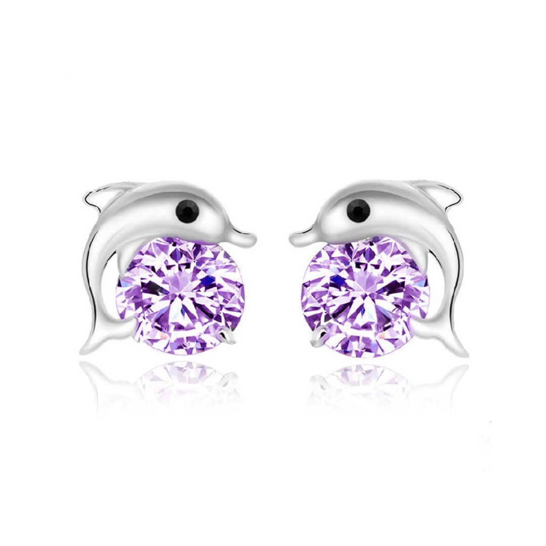 Fashion 925 Sterling Silver Plated Purple Cubic Zirconia Crystal Dolphin Shape Stud Earrings for Women & Girls