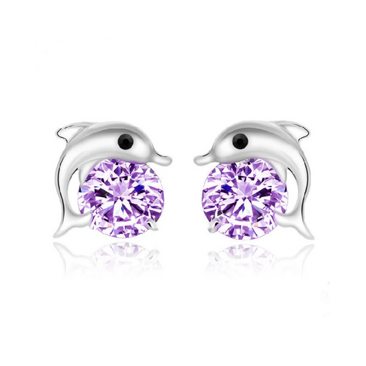 Fashion 925 Sterling Silver Plated Purple Cubic Zirconia Crystal Dolphin Shape Stud Earrings for Women & Girls