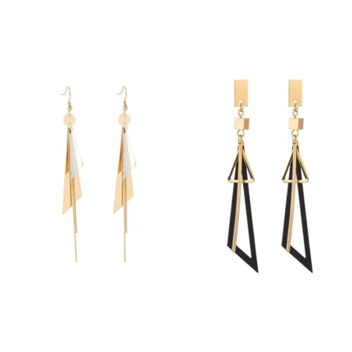 Gold Plated Geometric Triangle Long Tassel Drop Earrings for Women and Girls, Copper Triangular Drop Golden Danglers with Metal Chain (Combo)