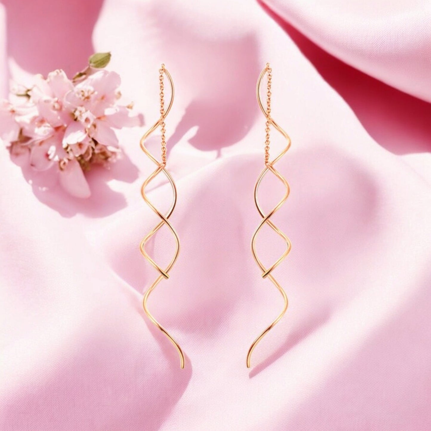 Spiral Threader Earrings for Women, Twisted Spiral Drop Dangle Earrings, Unique Minimal Everyday Earrings (Rose Gold)