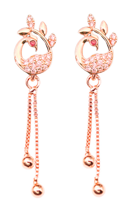 Rose Gold Plated Long Earrings, American Diamond Studded Lightweight Danglers Drop Earrings for Women and Girls (peacock)