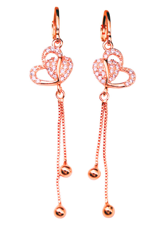 Rose Gold Plated Long Earrings, American Diamond Studded Lightweight Danglers Drop Earrings for Women and Girls (Heart Shape)