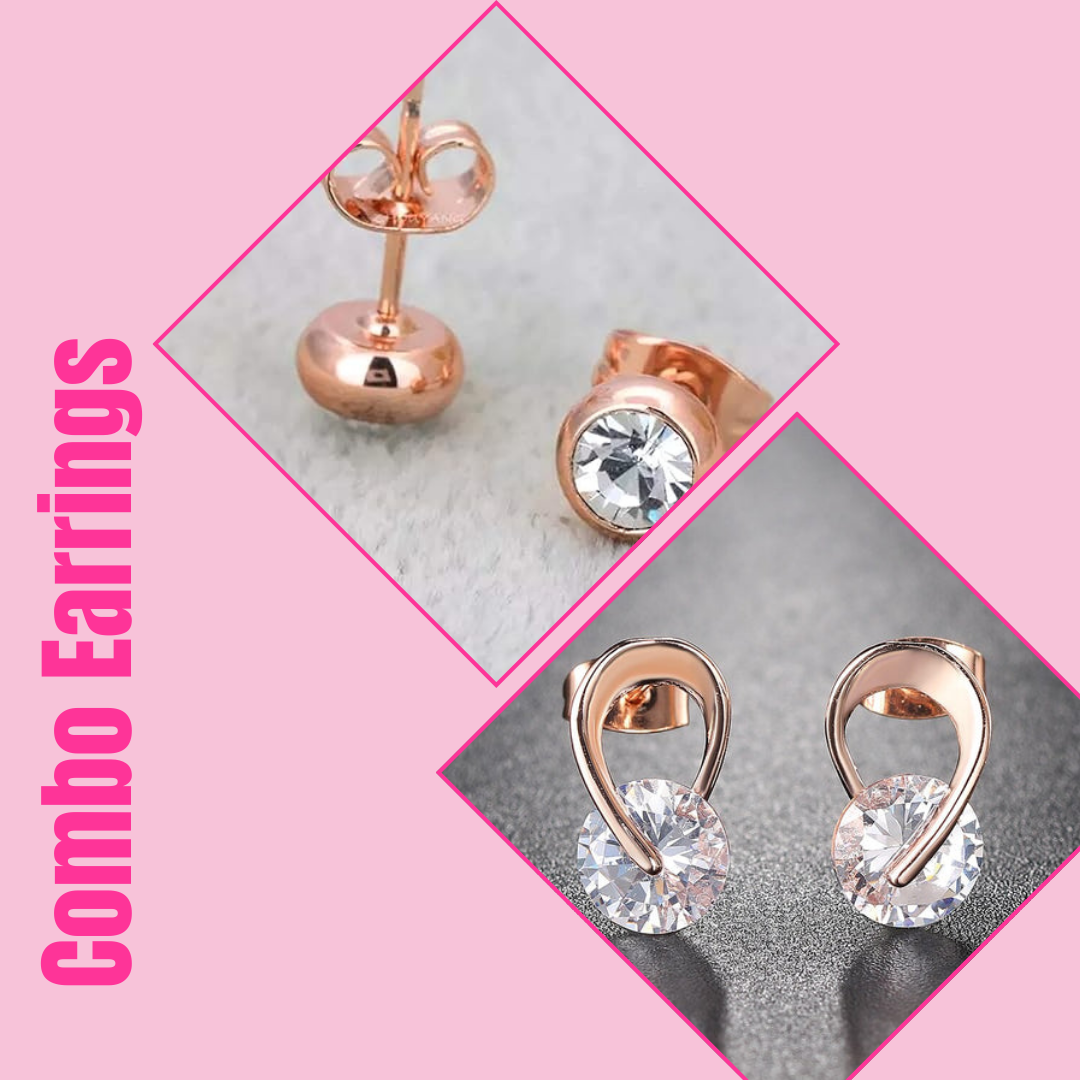 Combo Stud Earrings| Rose Gold Plated| Perfect for Baby Girls, Office Goers| Daily Use, Light Weight Earrings Set