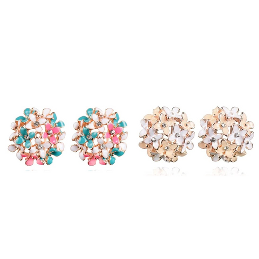 Crystal Flower Clover Stud Earrings for Women and Girl (Multicolour and Beige & White)