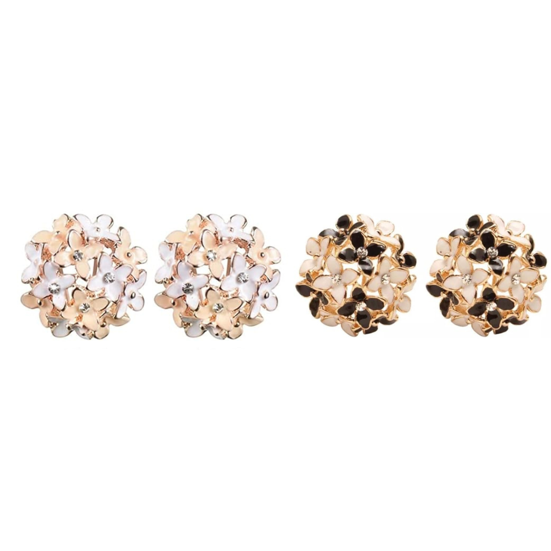 Crystal Flower Clover Stud Earrings for Women and Girl (Black & White and Beige & White)