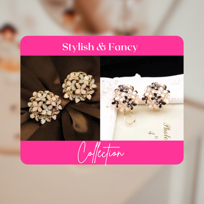 Crystal Flower Clover Stud Earrings for Women and Girl (Black & White and Beige & White)