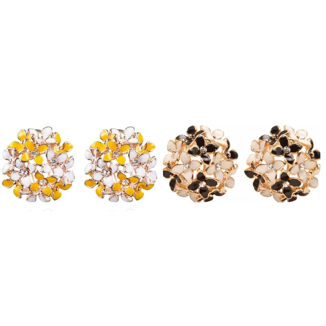 Crystal Flower Clover Stud Earrings for Women and Girl (Yellow & White and Black & White)