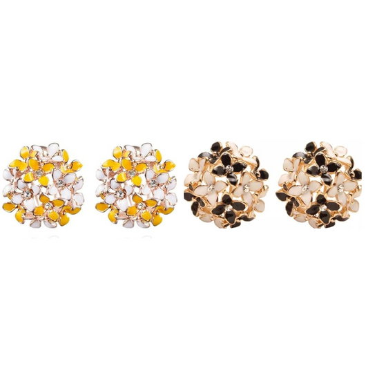 Crystal Flower Clover Stud Earrings for Women and Girl (Yellow & White and Black & White)