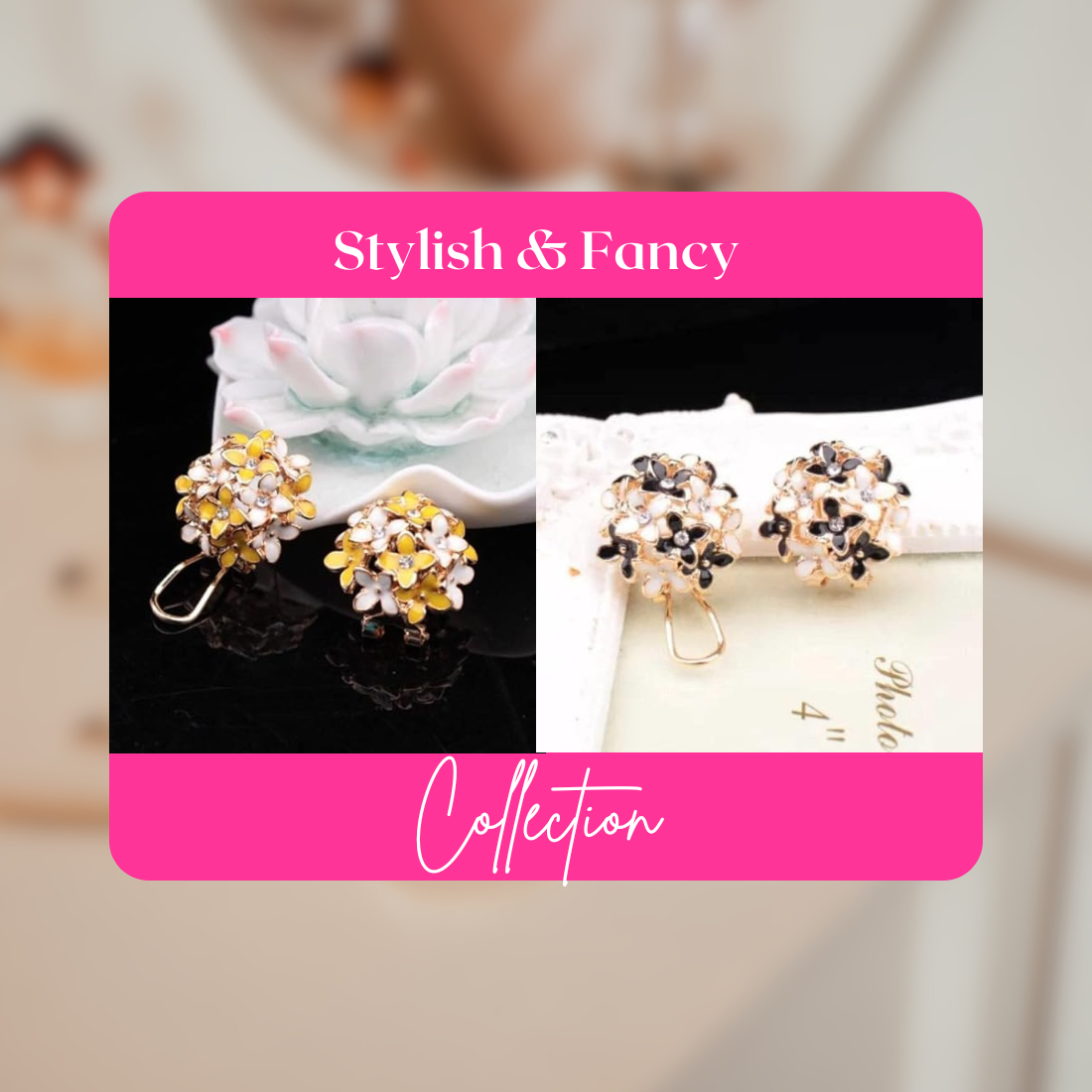 Crystal Flower Clover Stud Earrings for Women and Girl (Yellow & White and Black & White)