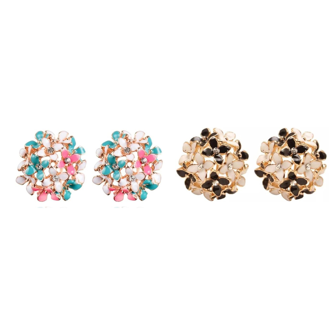 Crystal Flower Clover Stud Earrings for Women and Girl (Black & White and Multicolour)