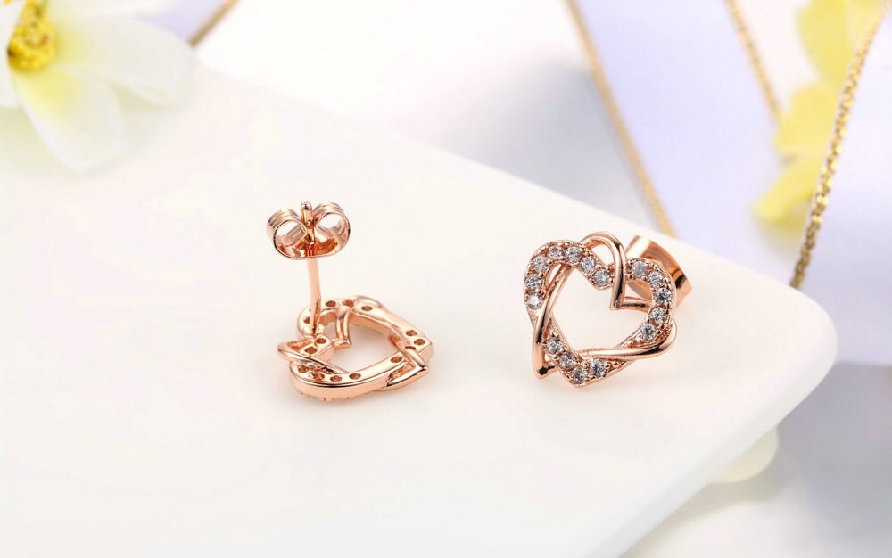 Alloy Heart Shape Stud Earrings for Women and Girls, Cubic Zirconia Hollow Heart Contemporary Studs