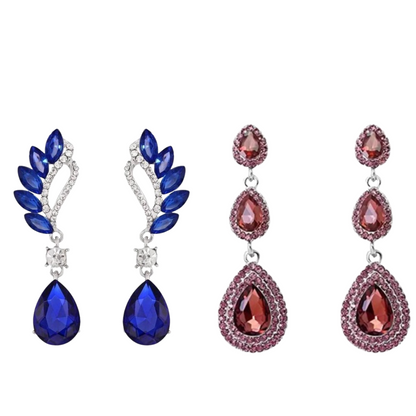 Trendy Rhinestone Crystal Dangle & Drop Statement Earrings, Long Eardrops for Women & Girl (Combo), Blue & Maroon