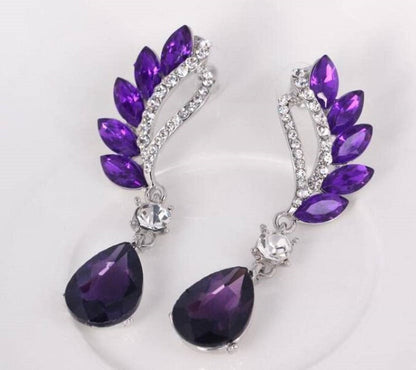 Crystal and Rhinestone Drop Dangle Earrings, Long Trendy Eardrops for Girls and Women (Purple)