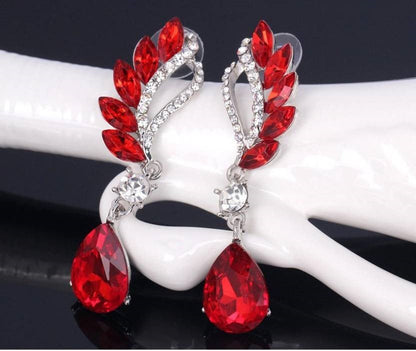 Crystal and Rhinestone Drop Dangle Earrings, Long Trendy Eardrops for Girls and Women (Red)