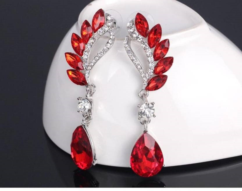 Crystal and Rhinestone Drop Dangle Earrings, Long Trendy Eardrops for Girls and Women (Red)