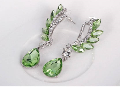 Crystal and Rhinestone Drop Dangle Earrings, Long Trendy Eardrops for Girls and Women (Green)