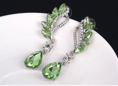 Crystal and Rhinestone Drop Dangle Earrings, Long Trendy Eardrops for Girls and Women (Green)