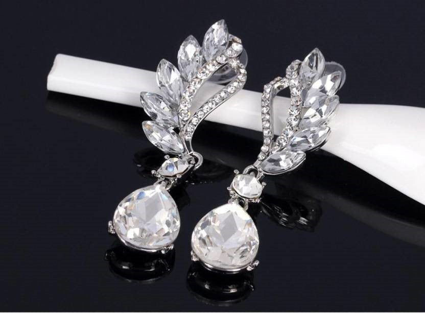 Crystal and Rhinestone Drop Dangle Earrings, Long Trendy Eardrops for Girls and Women (White)