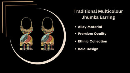 Handmade Alloy Dome Shaped Jhumka Earrings, Ethnic Jhumki Collection for Women and Girls (Combo), Multicolur & Peacock Shaped