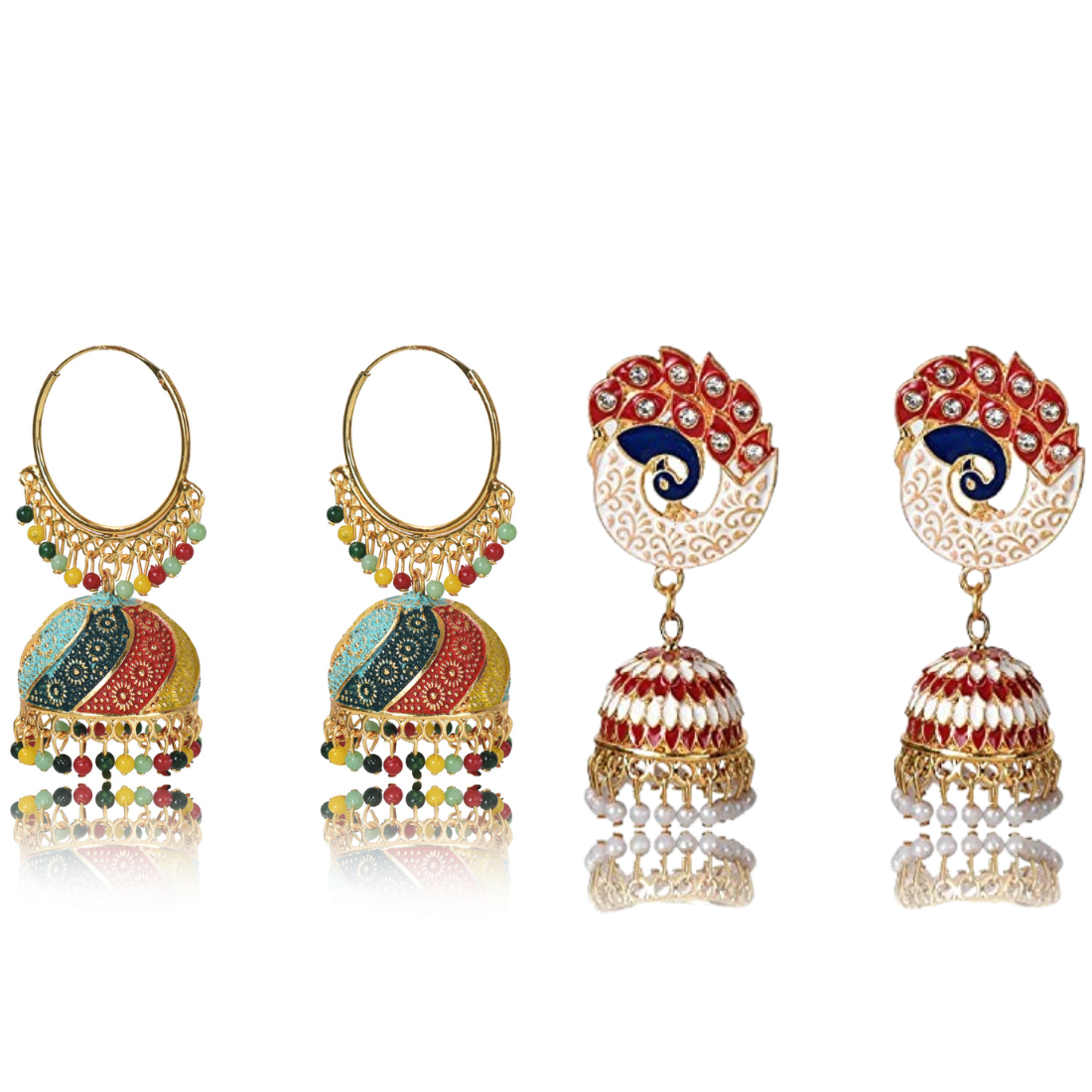 Handmade Alloy Dome Shaped Jhumka Earrings, Ethnic Jhumki Collection for Women and Girls (Combo), Multicolur-Red