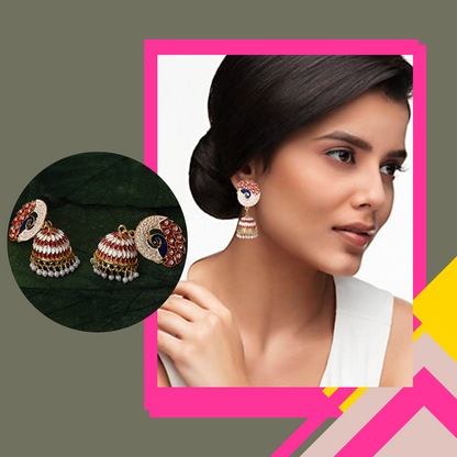 Handmade Alloy Dome Shaped Jhumka Earrings, Ethnic Jhumki Collection for Women and Girls (Combo), Multicolur-Red