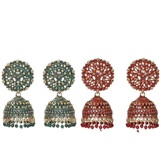 Ethnic Oxidised Jhumka Earrings, Long Hangings Traditional Alloy Jhumki Earrings for Women & Girls, Red-Green