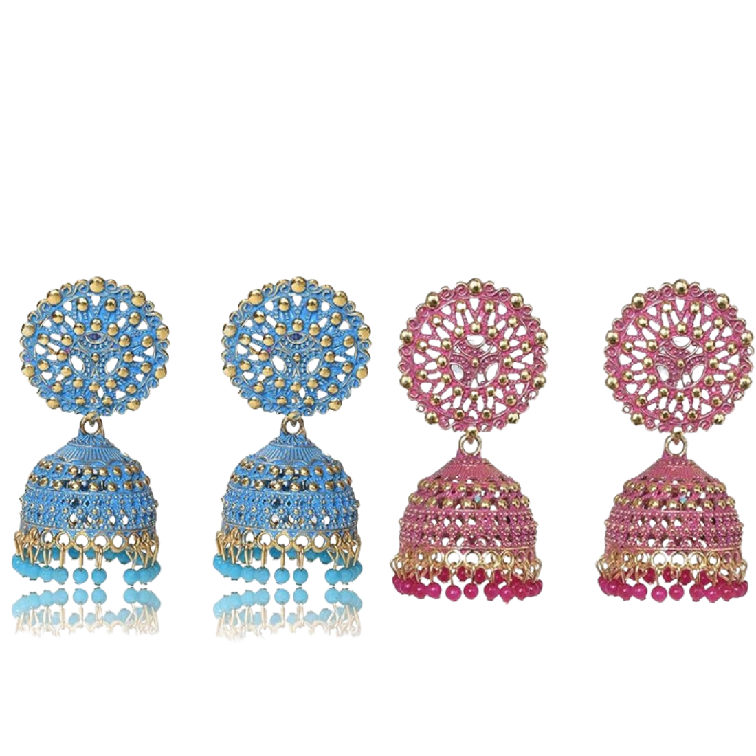 Ethnic Oxidised Jhumka Earrings, Long Hangings Traditional Alloy Jhumki Earrings for Women & Girls, dark pink-blue