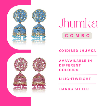 Ethnic Oxidised Jhumka Earrings, Long Hangings Traditional Alloy Jhumki Earrings for Women & Girls, dark pink-blue