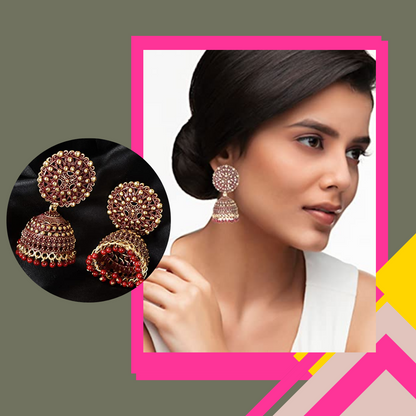 Handmade Alloy Dome Shaped Jhumka Earrings, Traditional Designer Jhumki for Women and Girls (Combo), Green-Maroon