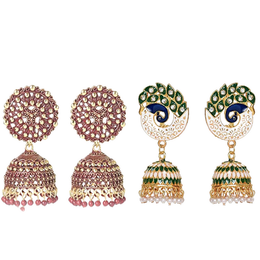 Handmade Alloy Dome Shaped Jhumka Earrings, Traditional Designer Jhumki for Women and Girls (Combo), Green-Maroon