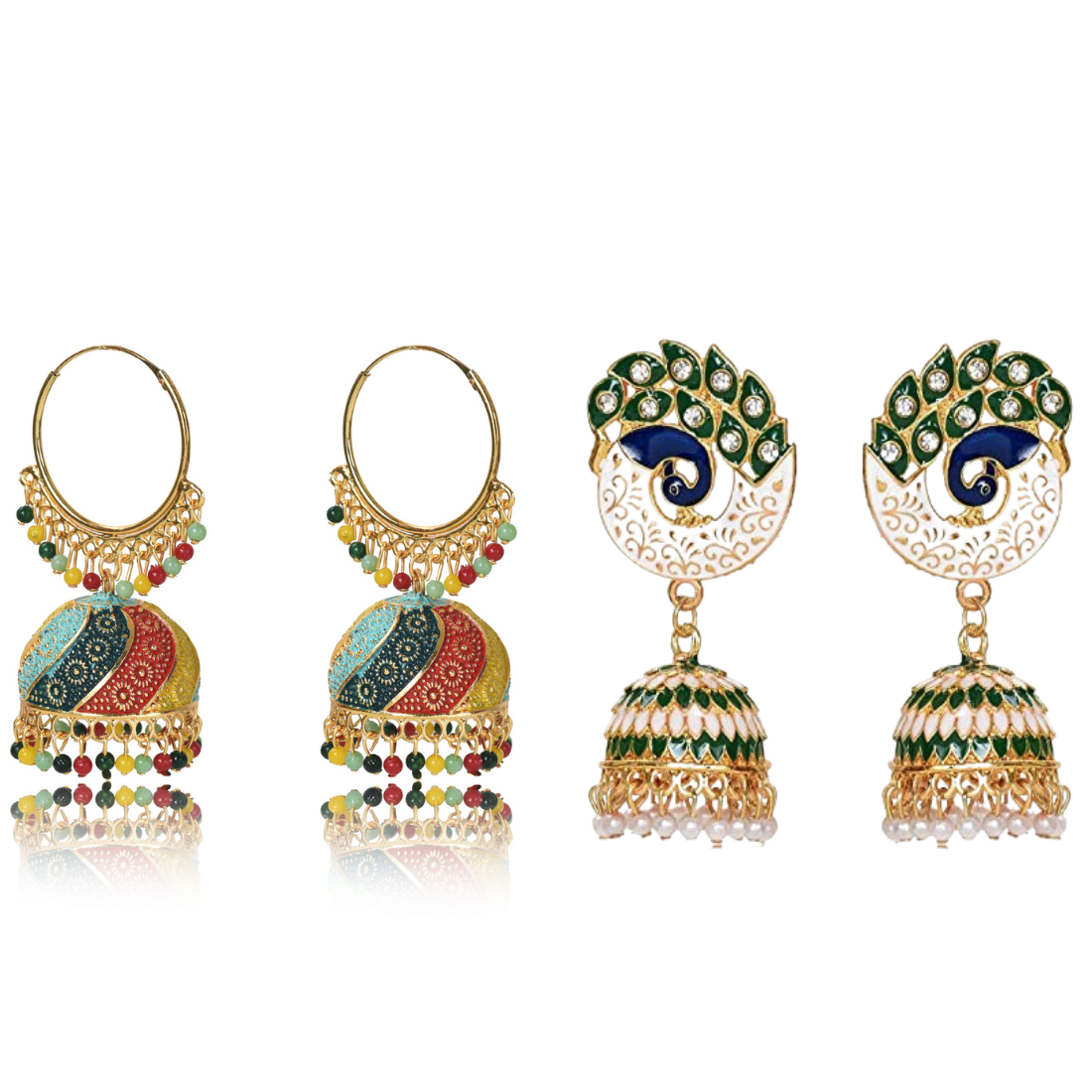 Handmade Alloy Dome Shaped Jhumka Earrings, Ethnic Jhumki Collection for Women and Girls (Combo), Multicolur & Peacock Shaped