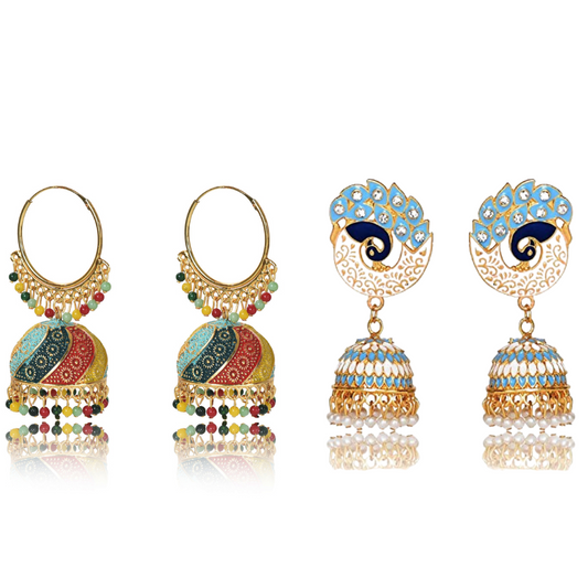 Handmade Alloy Dome Shaped Jhumka Earrings, Ethnic Jhumki Collection for Women and Girls (Combo), Multicolur-Blue