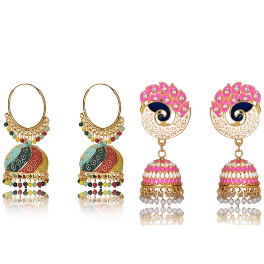 Handmade Alloy Dome Shaped Jhumka Earrings, Ethnic Jhumki Collection for Women and Girls (Combo), Multicolur-Pink